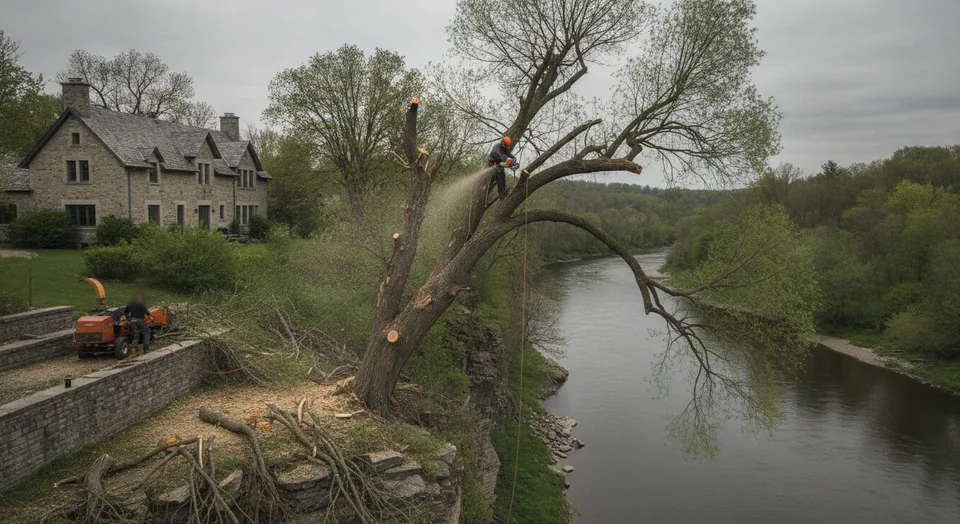 A climber dismantling a tall willow on a steep Grand River valley lot behind a stone house in Galt, Cambridge, Ontario
